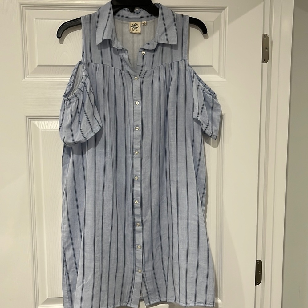 White Crow. Linen off the shoulder button down dress